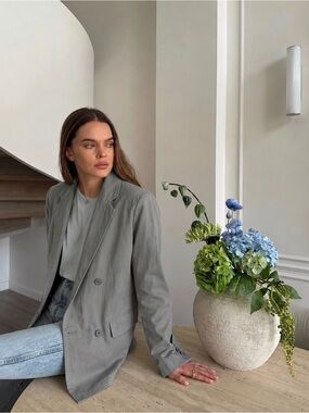 Uniqlo Linen Blend Double Breasted Blazer Olive Gray Office XS Minimalist